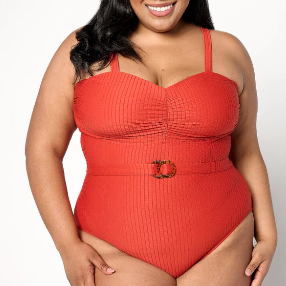 Susan Graver Soleil Ruched Front Swimsuit with Belt  8404